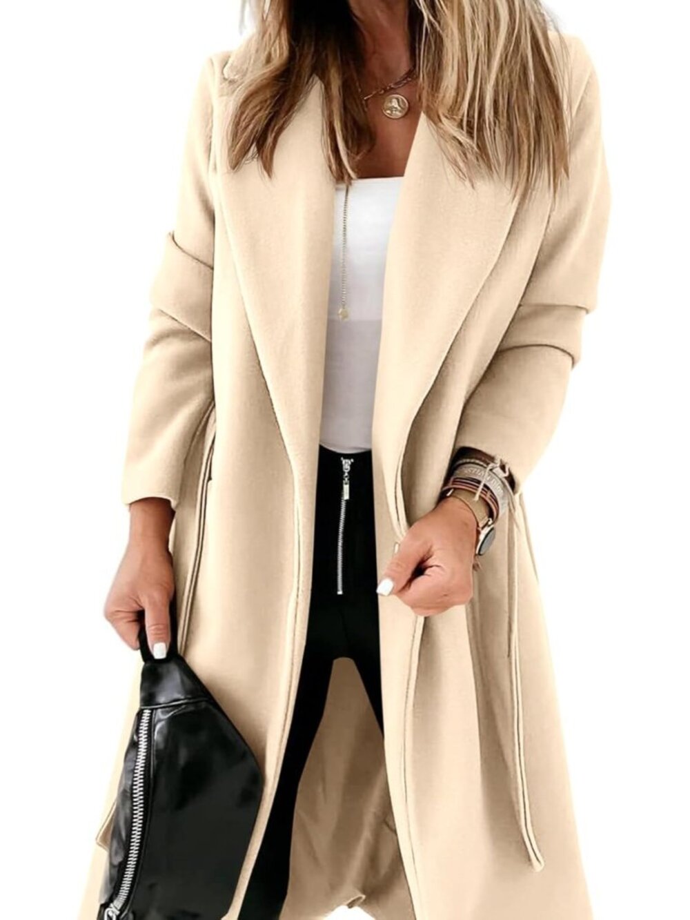Women's Beige Classic Lapel Soft Collar Open Front Belted Long Jacket Pea Coats